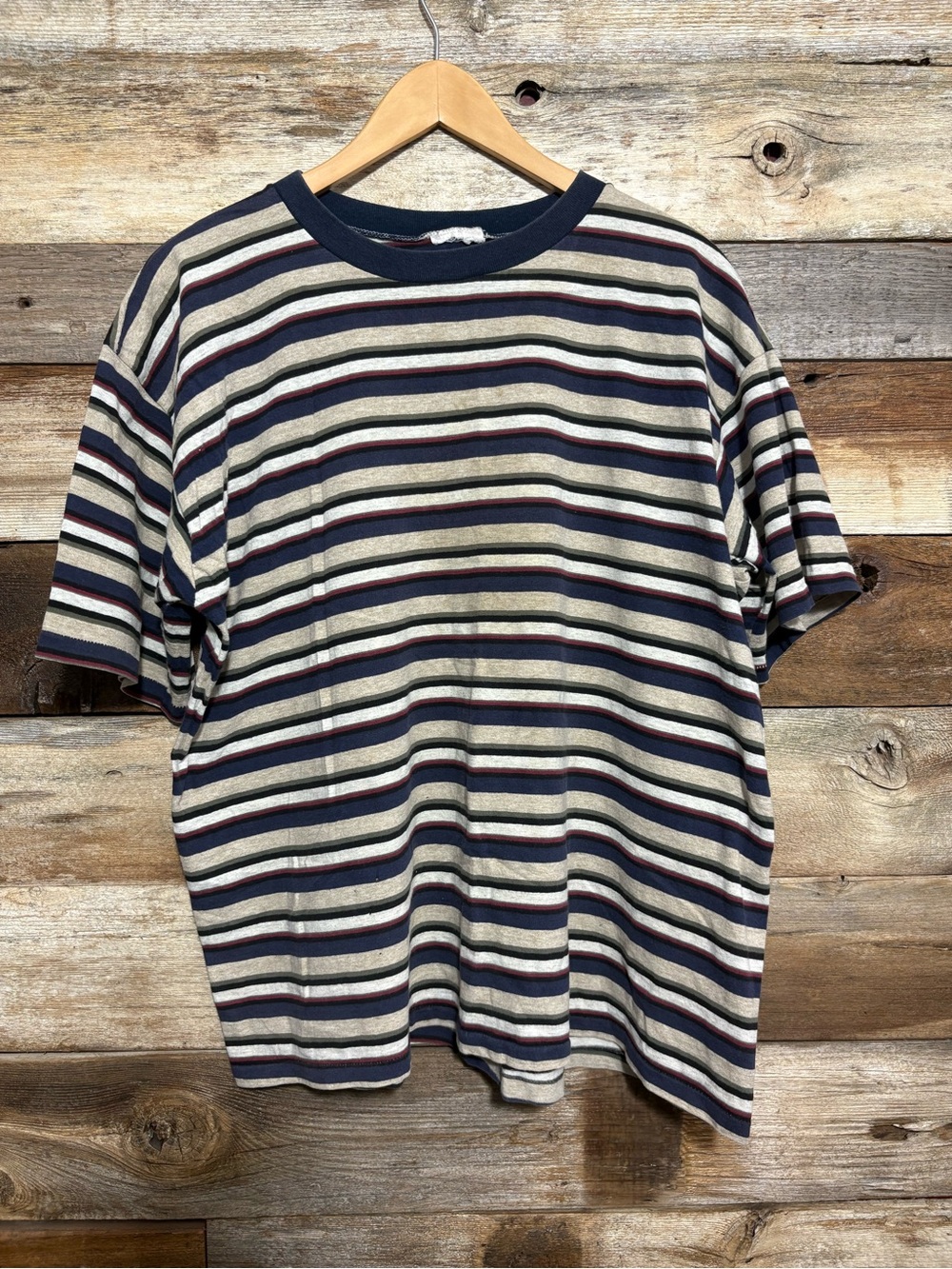 Striped Short Sleeve Crewneck Tee in Cream, Navy & Burgundy